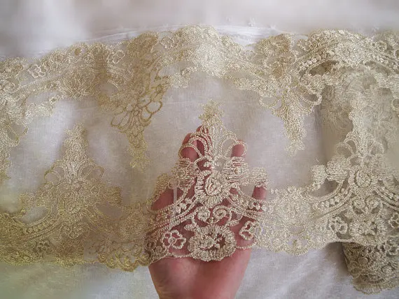 

gold lace, golden embroidered lace trim, embroidered lace fabric, GT028