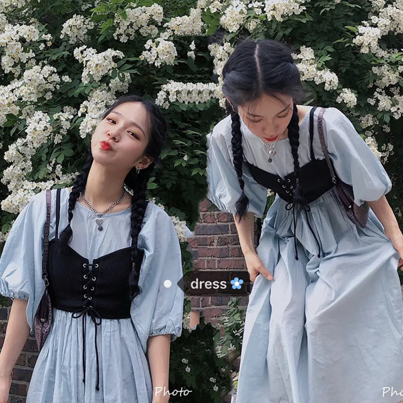

Old Time Lady Look! 2 Pieces Set Dress Puff Sleeve Slim Fit String Up Camis Princess Long Dress Robe Longue Vestido Largo Vestit