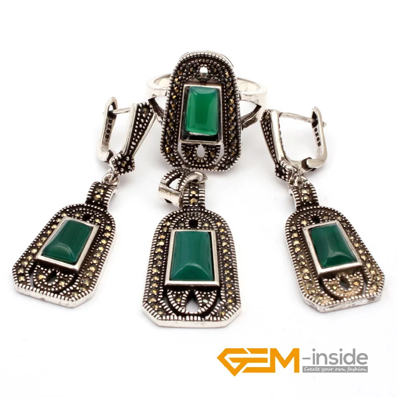 

jewelry sets: Semi sapphires (green agates) rectangle antiqued tibeten silver ring earrings pendant classical jewelry for party