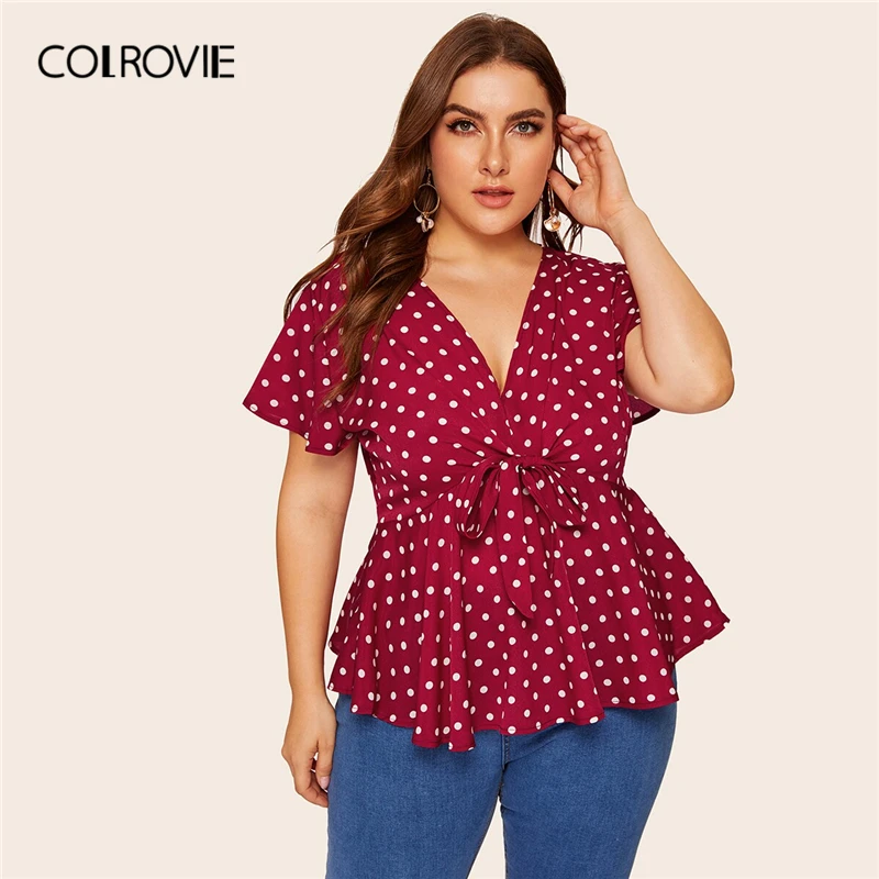 COLROVIE, женская блузка размера плюс с узлом спереди, в горошек, лето, сексуальный глубокий v-образный вырез, короткий рукав, Boho, Женские топы и блузки