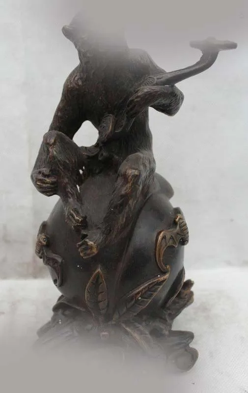 

10"China Chinese Fengshui Bronze Fu Wealth Zodiac Year Monkey Peach Ruyi Statue