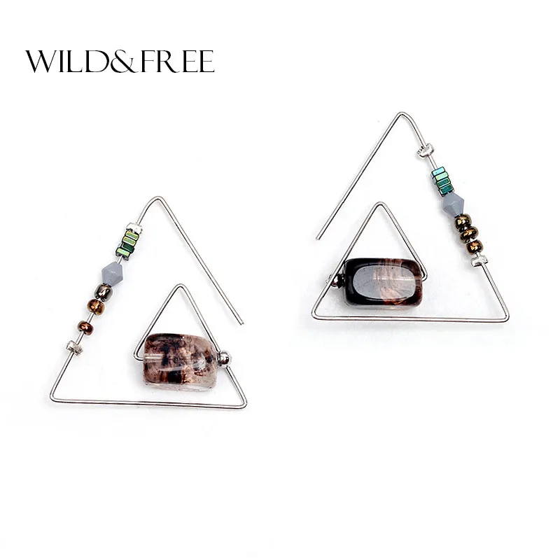 

WILD & FREE Women Vintage Natural Stone Drop Earrings Zinc Alloy Gold Silver Plated Open Triangle Dangle Earrings Jewelry Gift