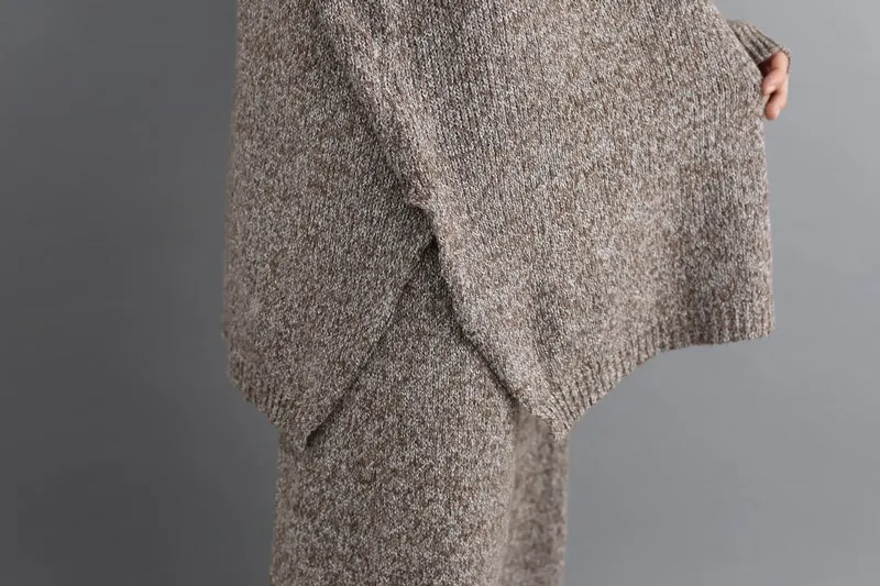 Женские комплекты из 2 предметов, Повседневные вязаные свитера с высоким воротом, пуловеры и широкие брючные костюмы размера плюс, новинка