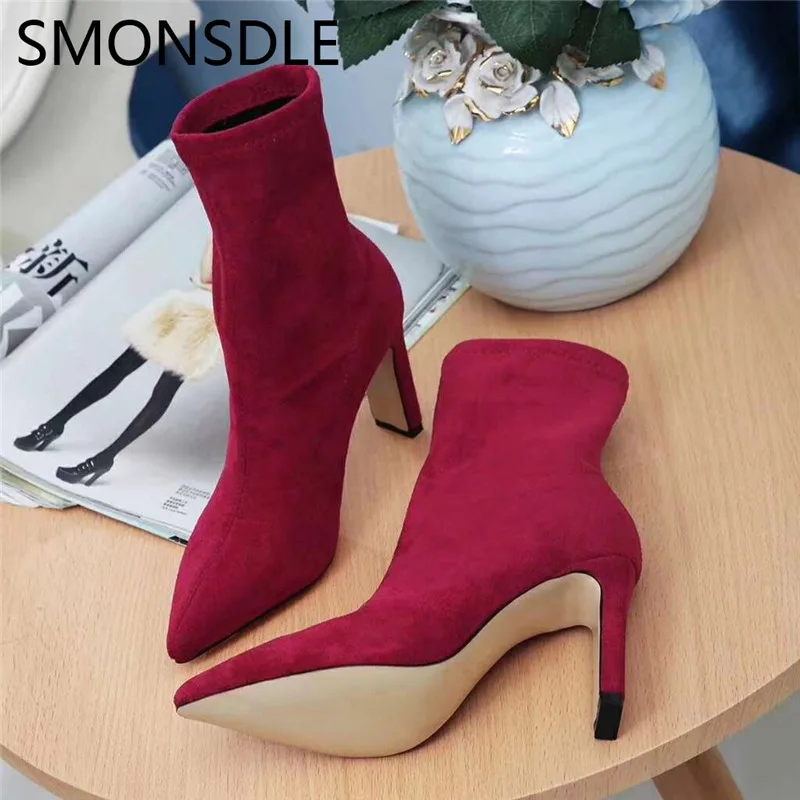 

SMONSDLE New Black Red Inside real Leather Women Ankle Boots Pointed Toe Slip On Thick High Heel Women Autumn Boots Shoes Woman