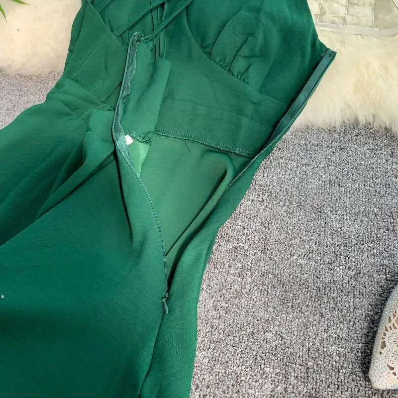 Летнее однотонное зеленое платье на бретельках, винтажные вечерние платья макси без рукавов с v-образным вырезом, элегантное платье для пляжа