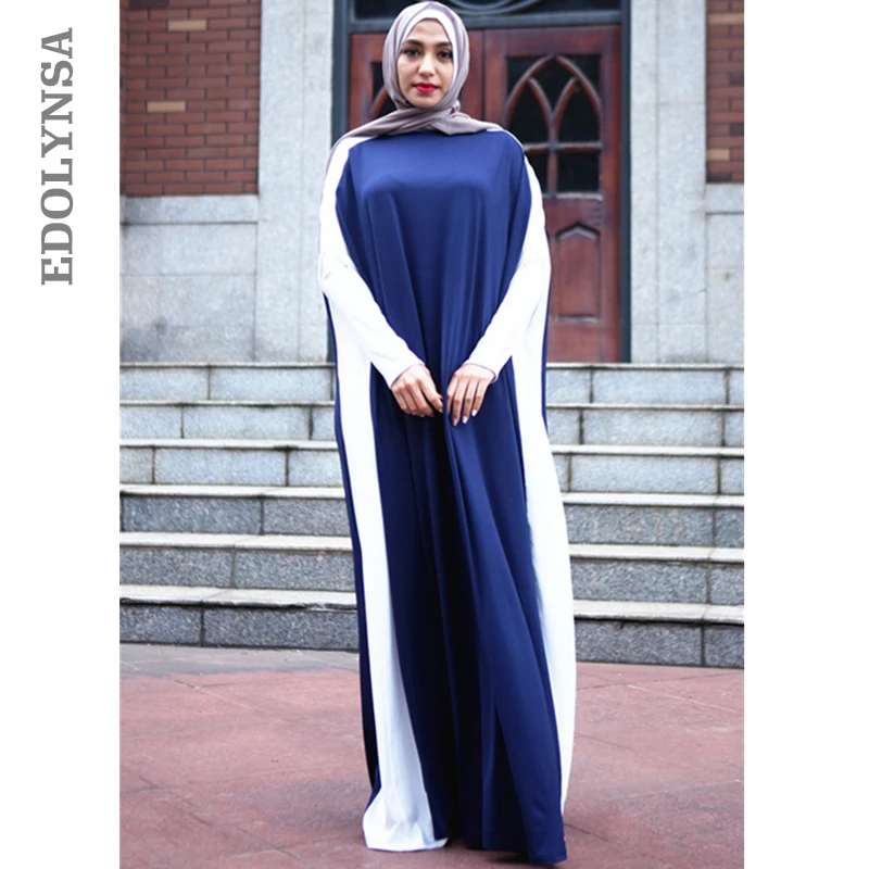 

Blue Patchwork Trim Symmetric Batwing Sleeve Eid Dress Caftan Marocain Kaftan Dubai Short Sleeve Abaya 2019 Ramadan Clothes D546