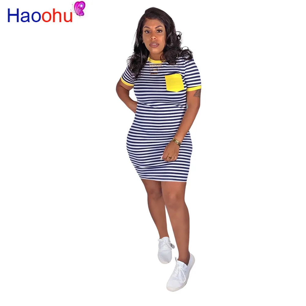 

Navy White Striped Sexy Slim Fit Dress For Women Round Neck Short Sleeve Bandage Dress Summer Female Pockets T Shirt Party Dress