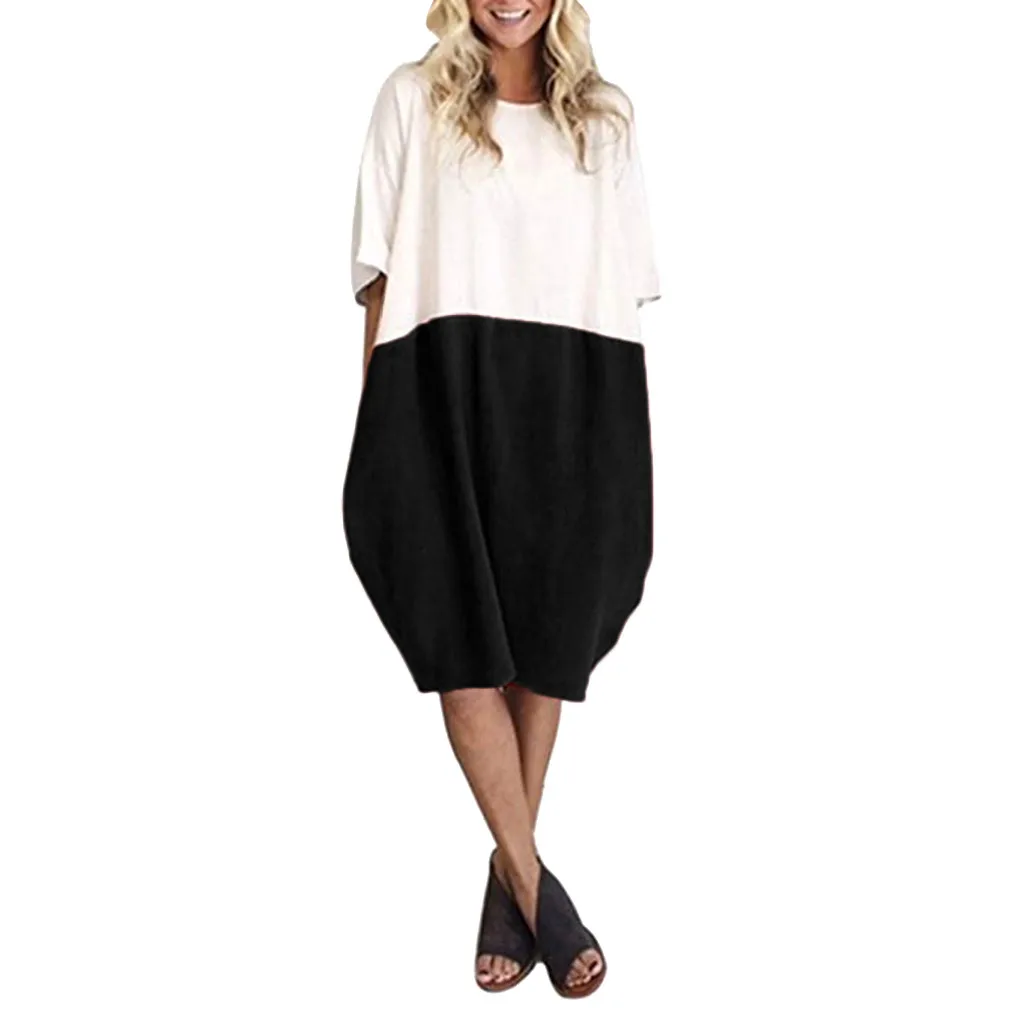 

SAGACE Summer Dress Women Casual Loose Linen Patchwork Batwing Sleeve Half Sleeve Dress Soild Button Splice Pocket Dress Female