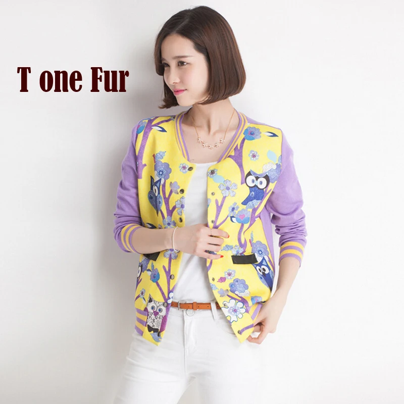 2017 SpringAutumn Fashion Women Cardigans O Neck Long Sleeve Knit Cardigans Owl pattern Print Sweater coat free shipping KWA195