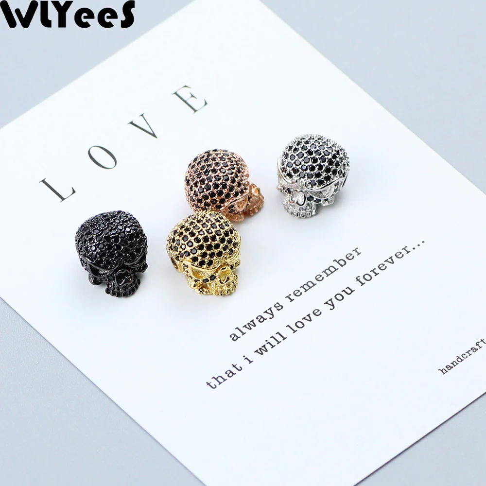 

WLYeeS Skull Black zircon Charms Copper beads Micro Inlay Black Crystal Metal Spacer Loose beads for Jewelry making DIY bracelet