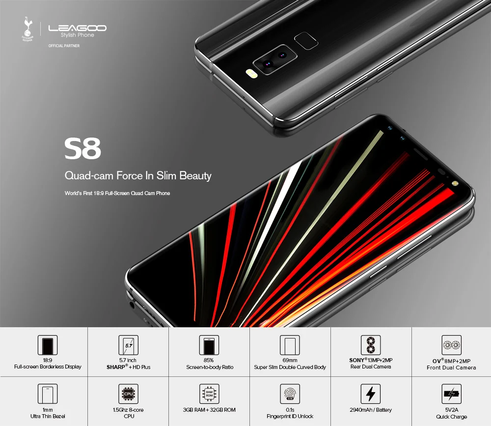 LEAGOO S8 5,72 дюймов 18:9 дисплей Android 7,0 MTK6750T восьмиядерный смартфон 3 ГБ ОЗУ 32 Гб 13 МП 4 камеры отпечаток пальца 4G телефон