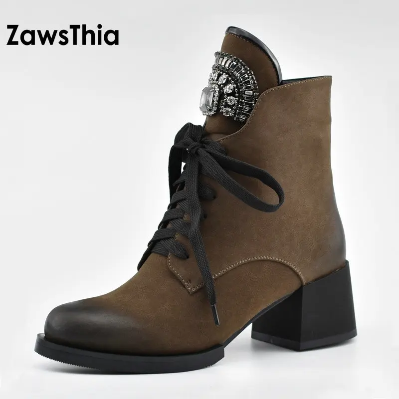 

ZawsThia 2018 Russia female winter boots shoes rhinestone crystal lace up chunky heels warm plush ankle martin boots women boots