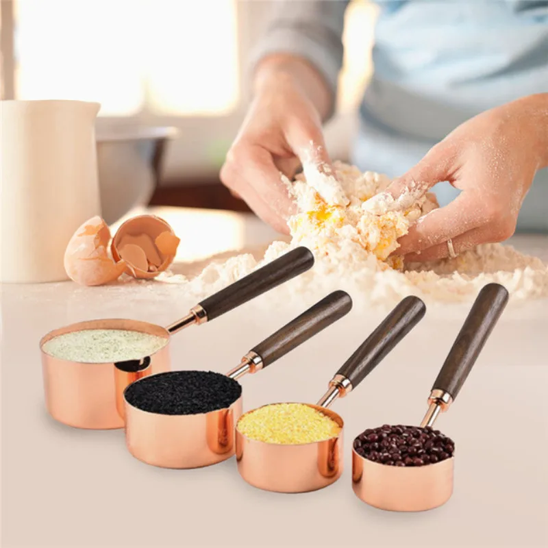 

4PCS Walnut Measuring Tool Stainless Steel Measuring Cup Cooking Scale Measuring Spoon Electroplating Copper Kitchen Baking Tool