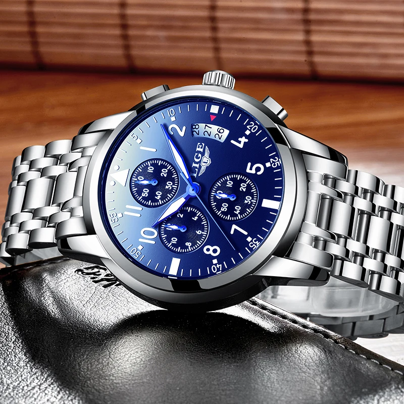 LIGE Mens Watches Top Brand Luxury Male Military Sport Luminous Watch Men Business Stainless Steel Waterproof Chronograph+Box