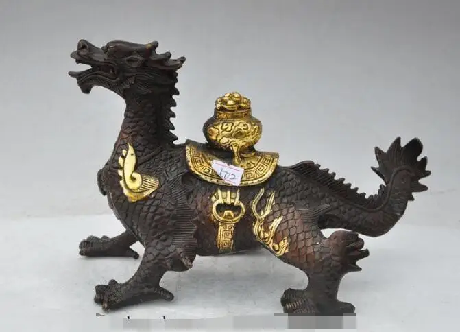 

S05996 chinese fengshui bronze gilt wealth yuanbao evil Kirin Unicorn Kylin rich statue