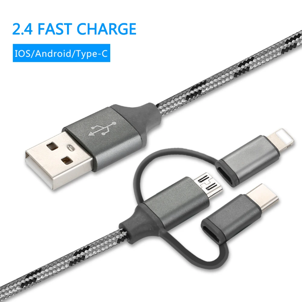 

3 In 1Micro USB Data Fast Charging Cable Lighting for IPhone Charge Sync Cord Wire 8PIN Type-C Cord Line for Samsung Xiaomi