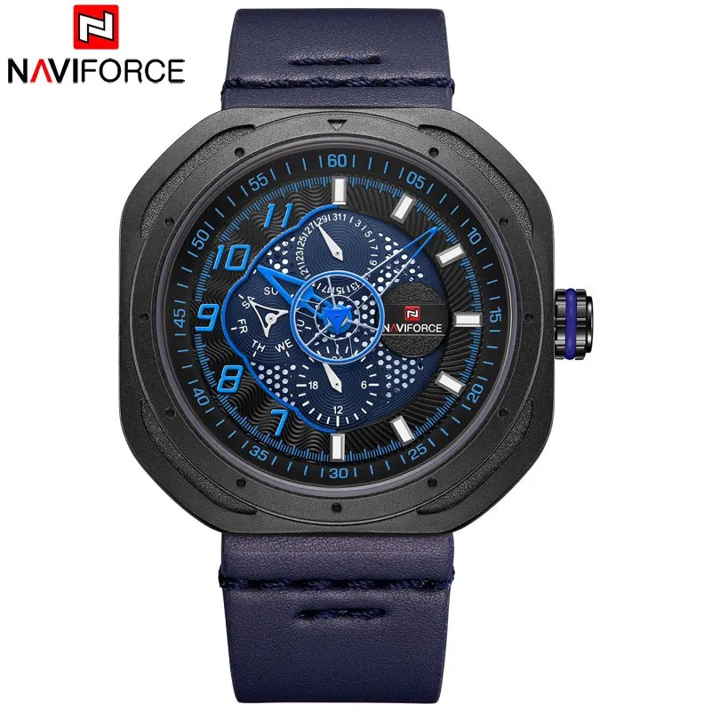 NAVIFORCE мужские спортивные часы кожаные креативные Аналоговые кварцевые наручные