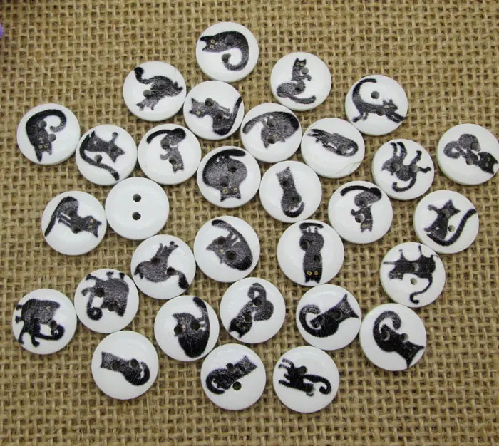 

100 Fashion Mixed White Round Cute Big Cat Series Pattern Wooden Buttons For Clothes Crafts Sewing Scrapbooking DIY Accessories