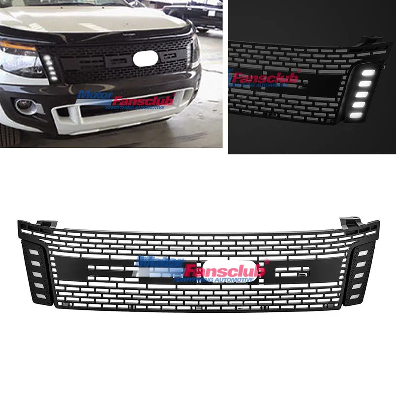 

Car Racing Grille For Ford Wildtrak Ranger T6 XLT XL PX Grill 2011-2014 Emblems Mesh Black Radiator DRL Front Bumper With LED