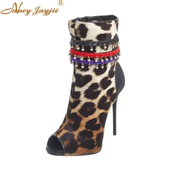 

Flock Leopard Women Adult Boots Ladies Shoes Ankle Slip-on Peep Toe Super High Thin heel Mature Fashion Concise Nancyjayjii 2019