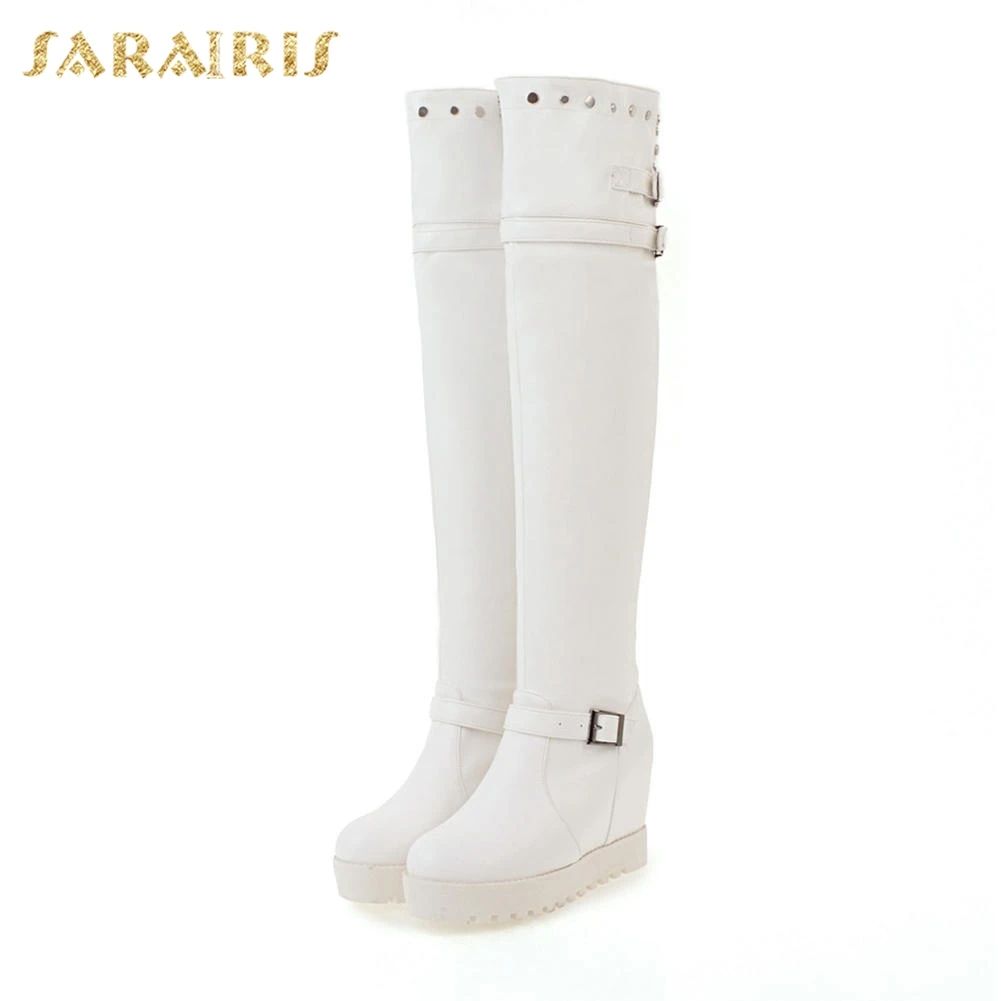 SARAIRIS/Большие размеры 34-43, платформа с пряжкой, клиновидный каблук, черные, белые сапоги до колена, женские осенне-зимние сапоги