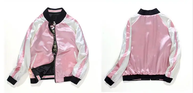Двусторонняя одежда для лица розовый Сакура вышивка атласный кардиган пальто Топы Женская Осенняя зимняя уличная повседневные