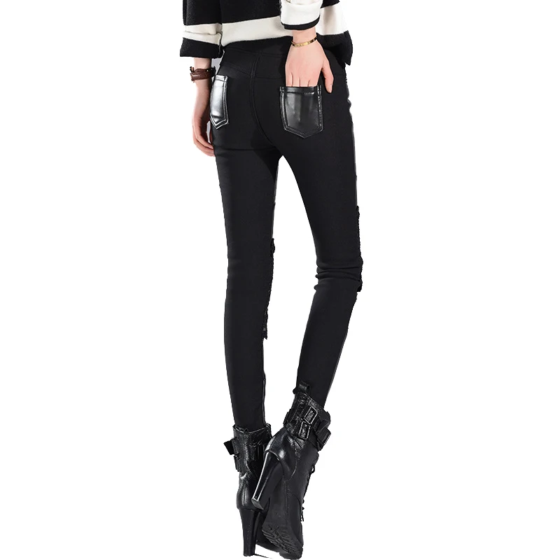 Зимние женские джинсы, брюки из искусственной кожи, узкие брюки с высокой талией, брюки размера плюс 3XL, черные женские брюки