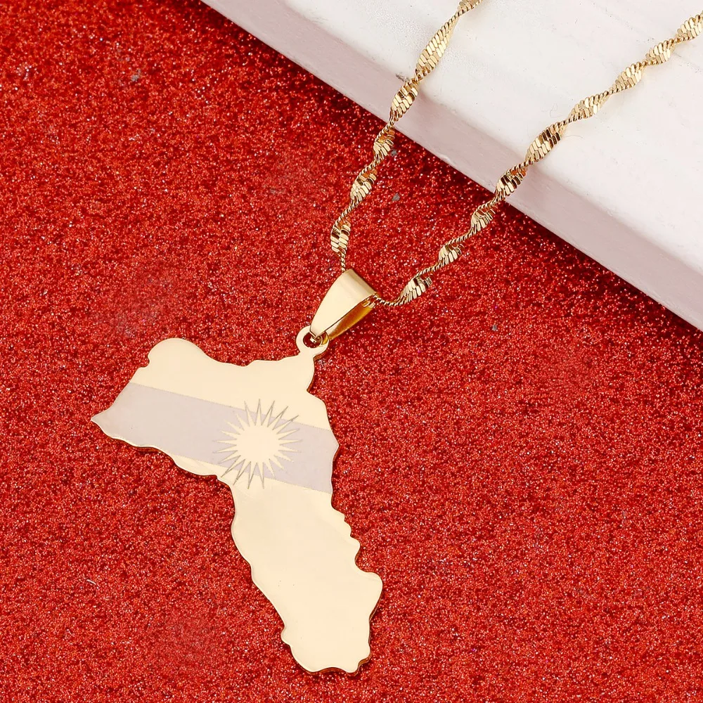 

Kurdistan Region Map Pendant Necklaces Kurdish Flag Gold Color Koerdistan Jewelry For Women