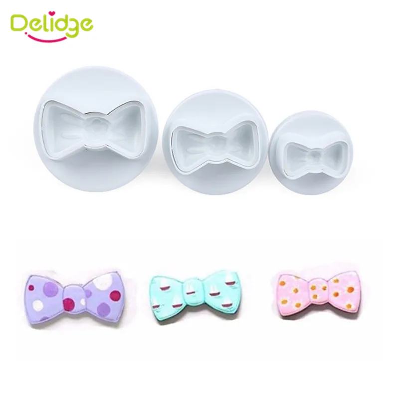 

Delidge 3PCS/Set Cute Bow Tie Shape Plastic Embossing Cake Mould 3D Fondant Chocolate Moon Cake Cookie Decor Press Mold DIY Tool