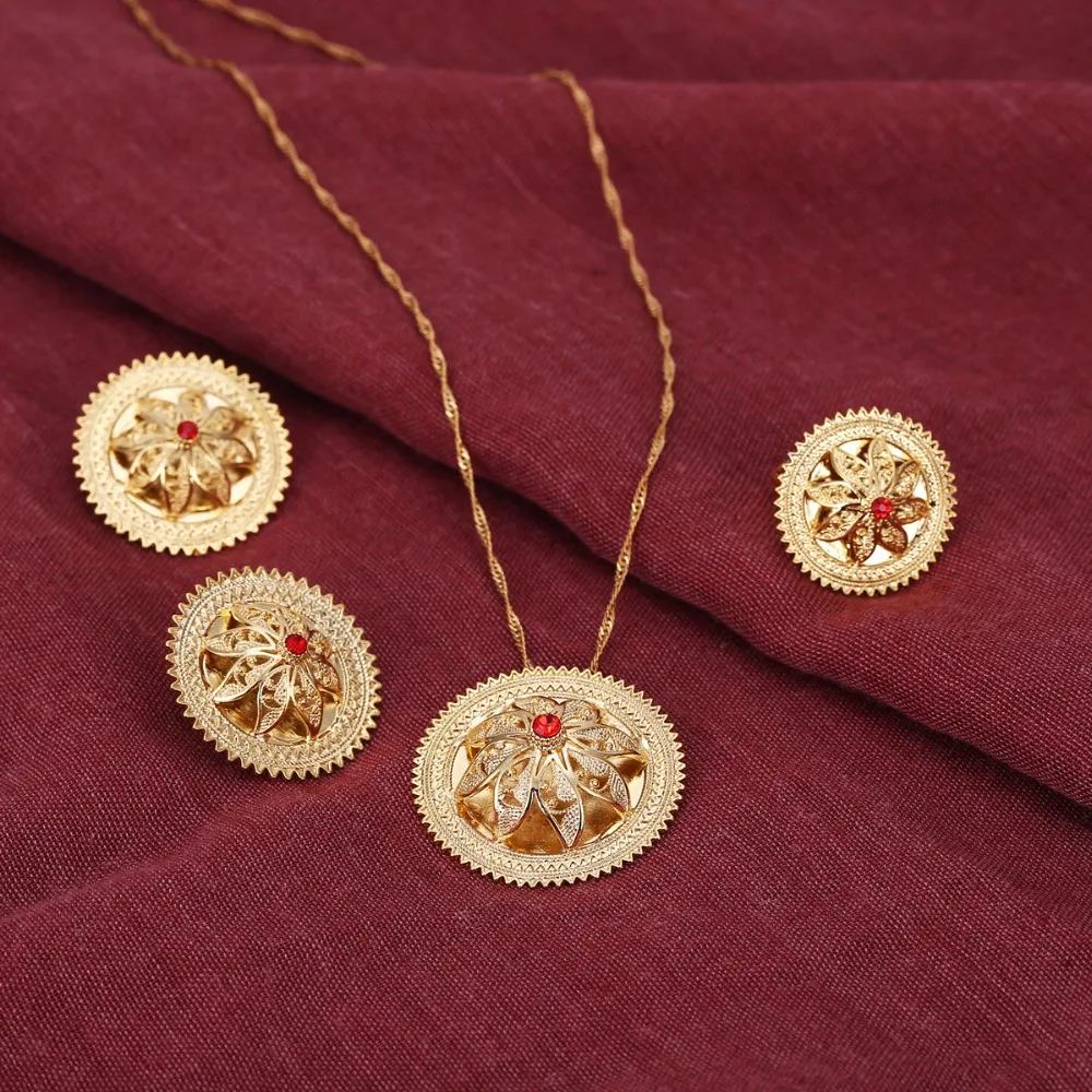 Комплект из колье и серёг с подвеской кольцом|ethiopian jewellery|gold flower setflower set |