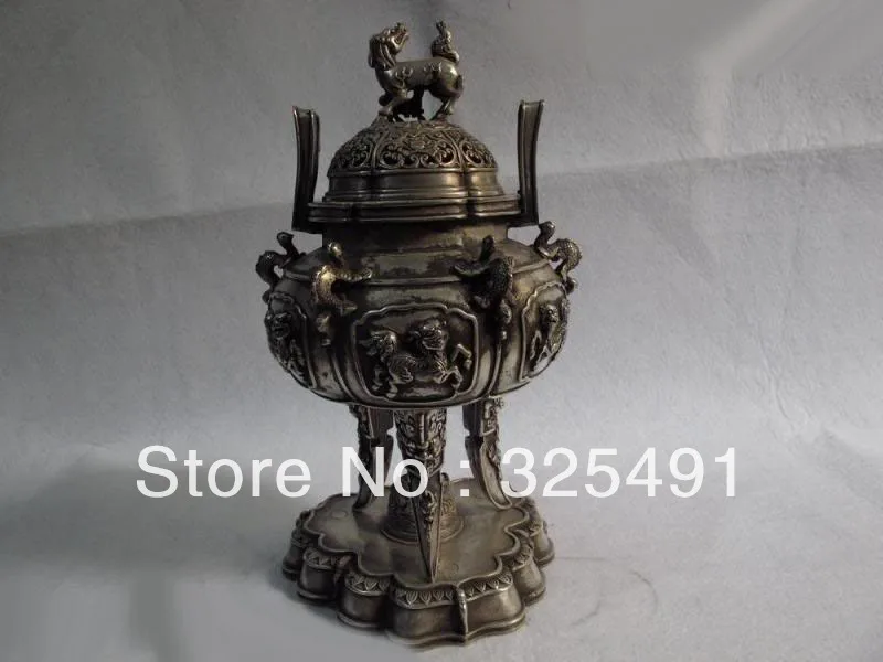 

12 Tibet Buddhism white bronze silver foo dog beast Dragon censer incense burner z