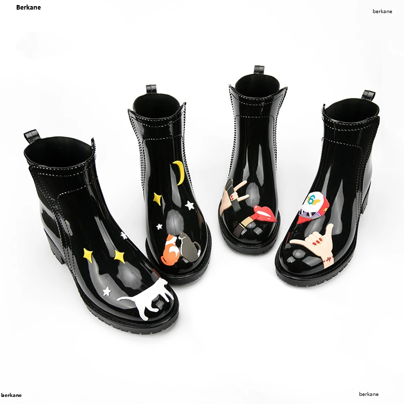 

Cat Rain Boots Women Pvc Slip on Waterproof Flamingo with Heel Water Shoes Short Ankle Gummistiefel Rainboot Damen Female Rubber