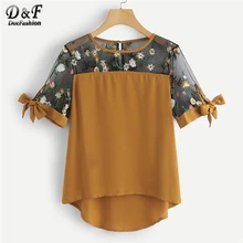 Dotfashion, женская блузка с цветочной вышивкой и узлом,, Женские топы и блузки, летняя повседневная женская рубашка