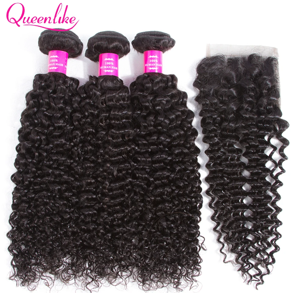 QueenLike товары продукты малазийские кудрявые вьющиеся волосы с закрытием не Реми волосы плетение 3 4 Связки натуральные волосы пучки с