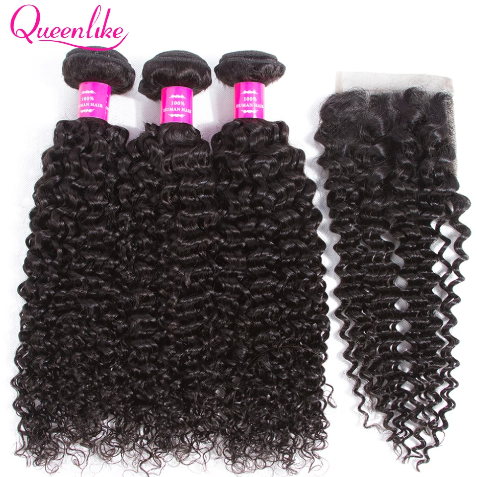 online QueenLike Produtos de Cabelo Da Malásia Kinky Curly Cabelo Com Encerramento Não Remy Cabelo Weave 3 4 Feixes Feixes de Cabelo Humano Com fechamento