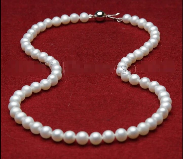 

noble women gift Jewelry Clasp 17-17.5inch Natural AAA beautiful 7-8mm white fresh water round pearls necklace