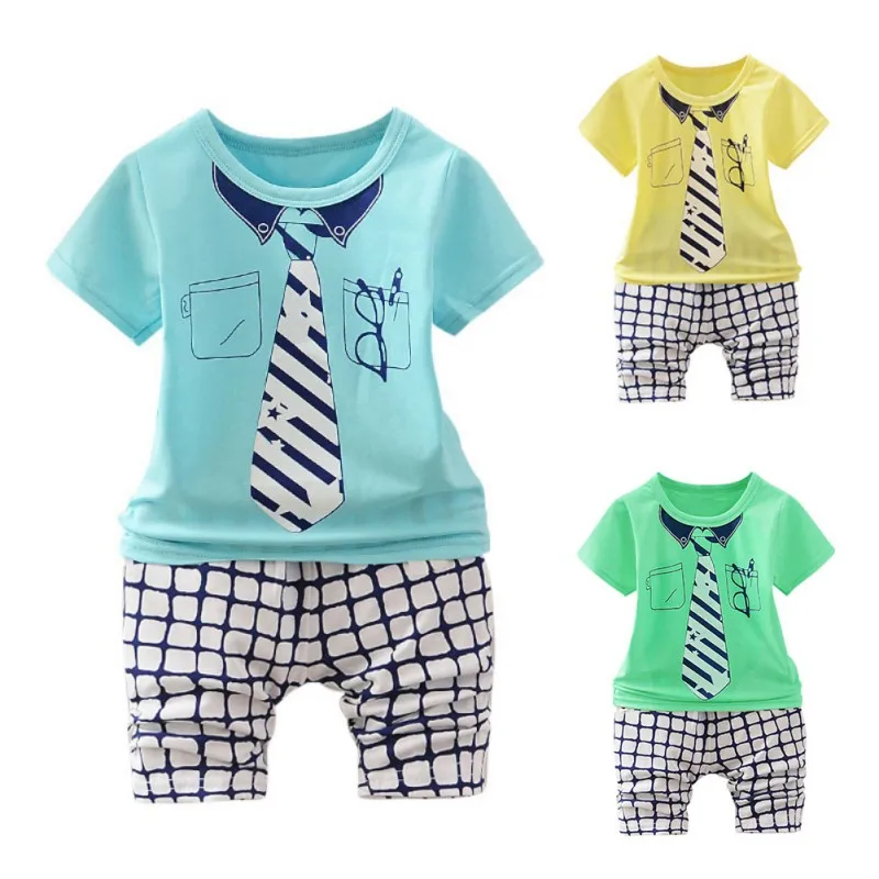 

Unisex Kids Girls Boys Sets Children New Casual Fashion Cotton Plaid Print Tie O-Neck Pullover Summer Short Sets