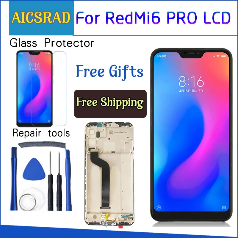 Цена AICSRAD ЖК дисплей для Xiaomi mi A2 Lite 5,84 дюймов кодирующий преобразователь сенсорного экрана в сборе для Xiao mi Red mi 6 Pro Рамка с бесплатными инструмент...