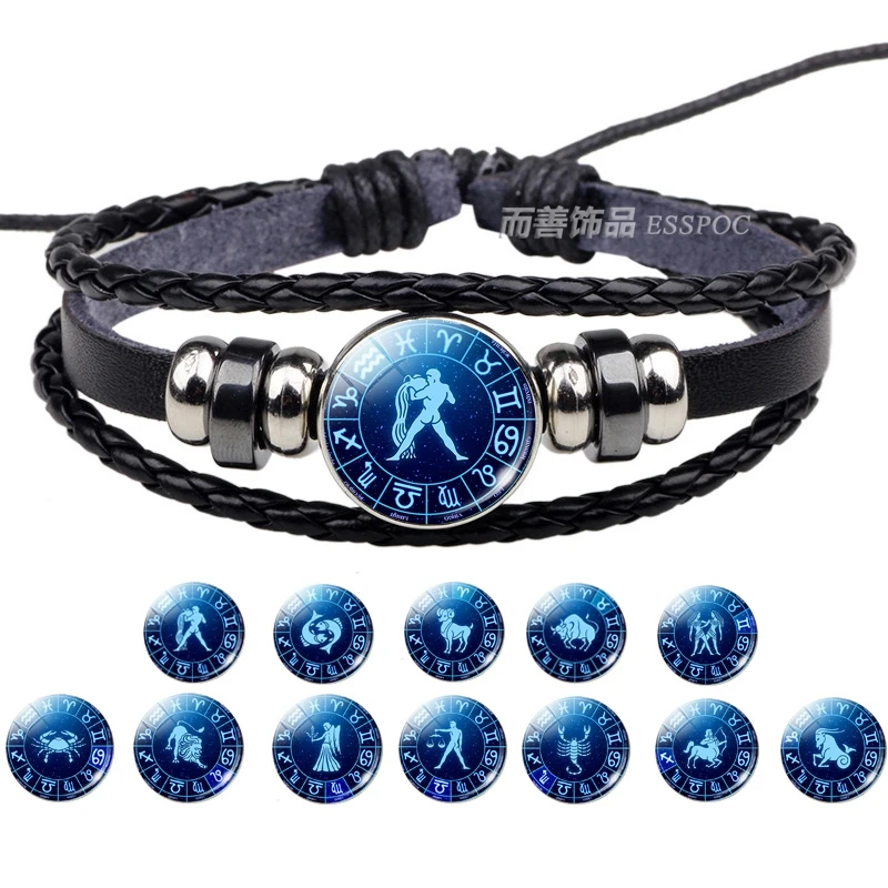 

12 Constellation Punk Bracelet Aquarius Pisces Aries Taurus Gemini Zodiac Sign Button Braided Leather Bracelet For Women Men