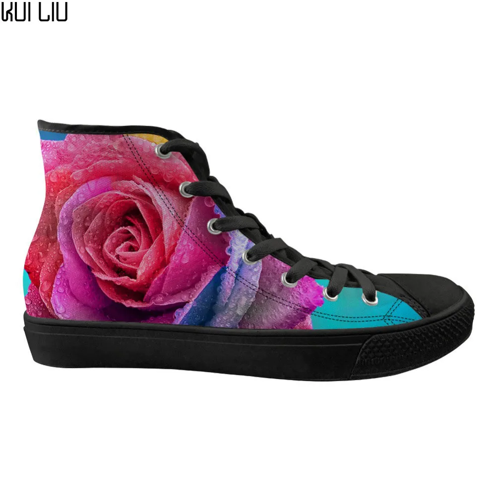 

Customized Floral Style Women's Flats Shoes Woman Pretty Flower Rose Printing High Top Canvas Lace-up Vulcanized Ladies Shoes