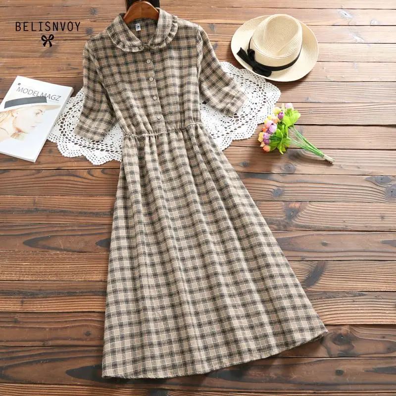 

Mori Girl Summer Dress Women Short Sleeve Plaid Vintage Dresses Peter Pan Collar Robe Femme Cotton Dress Elegant Vestidos