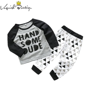 

Baby boys clothes 2pcs/set letter printed handsome baby clothing set bebes clothes black and grey t-shirt and pants
