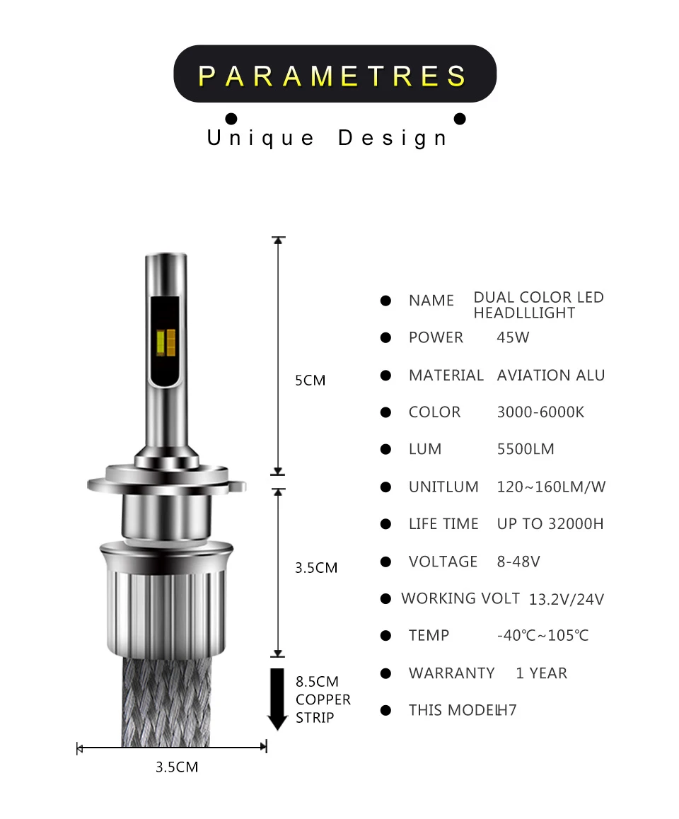 LDRIVE 2 шт. KS двойной Цвет автомобильная светодиодная лампа для фары 3000K 6000K цвет: желтый, белый H1/H3/H4/H7/H8/H9/H11/9005/9006/9012/HB3/HB4 налобный фонарь