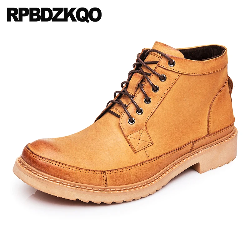Amarelo De Cheio Retro Grossas Britânico Couro Designer Combate Marrom Grão Até Genuíno Exército Rendas Curtas Do Botas Sapatos Militar Homens amarelo Estilo wHdAWxAqF