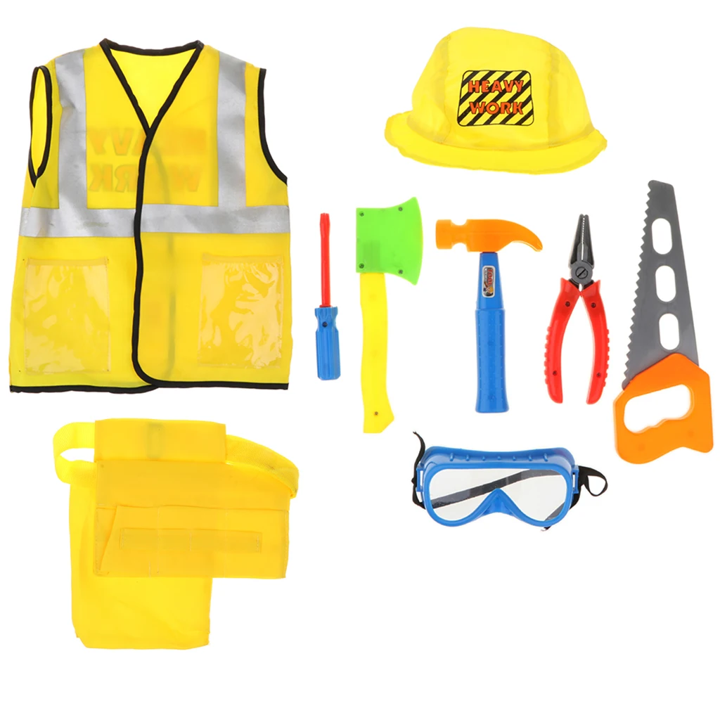 Kid Construction Worker Role Play Costume Tools Kits Fancy Dress 9 Pieces