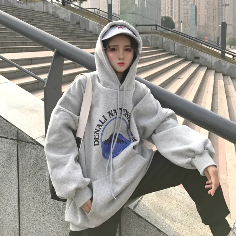 Harajuku модные зимние Mountain Письмо печати Для женщин толстовки с длинным рукавом