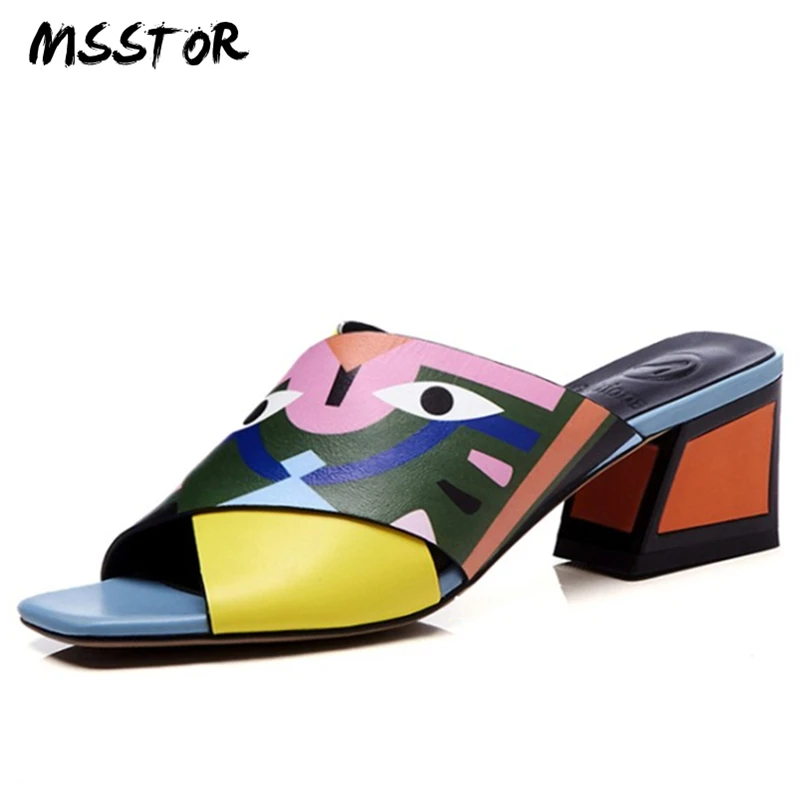 

MSSTOR Mixed Colors Summer Slippers Plus Size 33-43 Peep Toe Hoof Heels Fashion Women Shoes High Heel High Quality Ladies Shoes