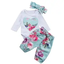 Одежда для новорожденных девочек; комплект из 3 предметов с цветочным принтом; милый детский костюм с цветочным принтом; штаны; повязка на голову; одежда для маленьких девочек