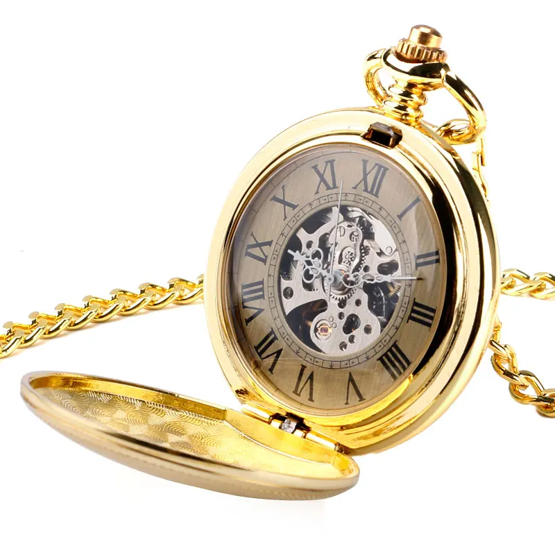 

Luxury Golden Pendant Vintage Automatic Mechanical Pocket Watch Open Face Roman Numerals with Golden Chain for Men Women