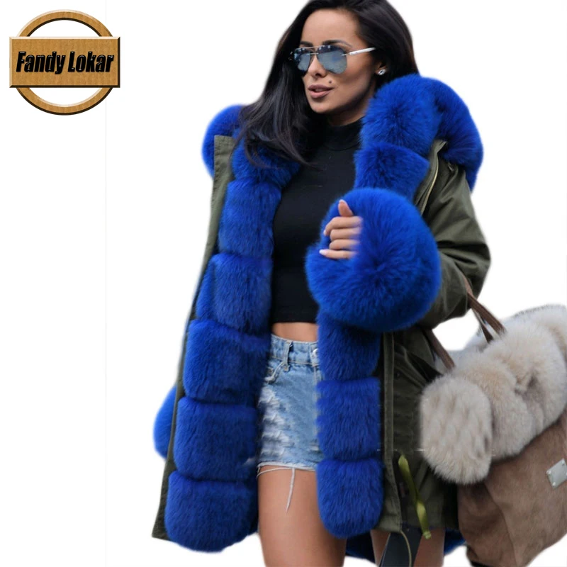 Blue Fox Fur Collar Hooded Coat Women Winter Real Rex